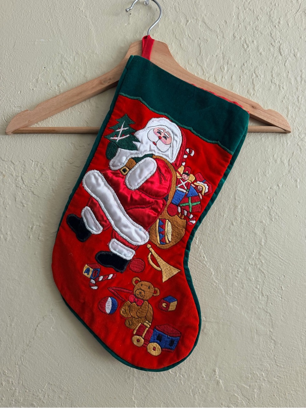 Vintage Red and Green Santa Christmas Stocking - Vintage
